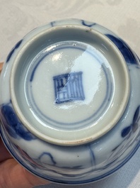 Six Chinese blue and white 'Rooster' cups and saucers, Kangxi