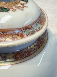 A Chinese famille verte teapot and three famille rose capucine-ground cups and saucers, Kangxi/Qianlong