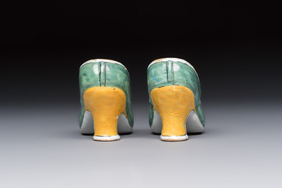 A pair of polychrome Dutch Delft models of shoes, 18th C.