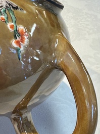 A large Chinese famille verte capucin-ground 'Prunus Blossoms' teapot and cover with relief design, Kangxi