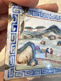 Six Chinese Canton enamel rectangular plaques with landscape, figural, floral and European subject designs, Qianlong