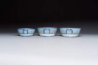 Six Chinese blue and white reticulated baskets with pagodas along a river, Qianlong