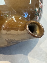 A large Chinese famille verte capucin-ground 'Prunus Blossoms' teapot and cover with relief design, Kangxi