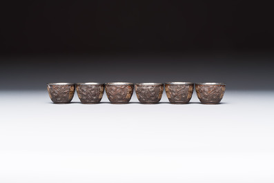 A group of 12 Chinese silver-lined coconut 'Shou 壽' bowls and cups, Wang Hengxin 王恆馨 marks, 19/20th C.