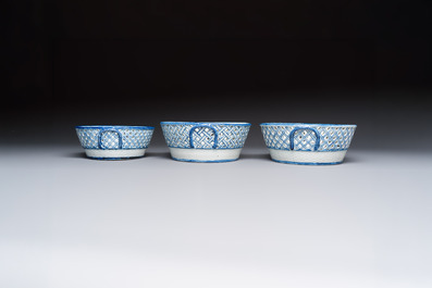 Six Chinese blue and white reticulated baskets with pagodas along a river, Qianlong