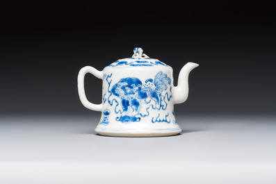 A Chinese blue and white 'Buddhist Lion' teapot, covered bowl and a saucer, various marks, 19th C.
