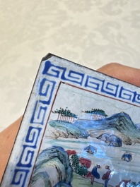 Six Chinese Canton enamel rectangular plaques with landscape, figural, floral and European subject designs, Qianlong