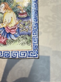 Six Chinese Canton enamel rectangular plaques with landscape, figural, floral and European subject designs, Qianlong