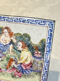 Six Chinese Canton enamel rectangular plaques with landscape, figural, floral and European subject designs, Qianlong