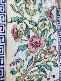 Six Chinese Canton enamel rectangular plaques with landscape, figural, floral and European subject designs, Qianlong