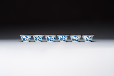Six Chinese blue and white 'Rooster' cups and saucers, Kangxi