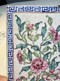 Six Chinese Canton enamel rectangular plaques with landscape, figural, floral and European subject designs, Qianlong