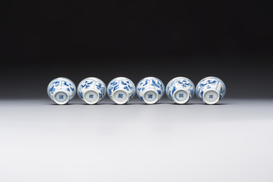 Six Chinese blue and white 'Rooster' cups and saucers, Kangxi