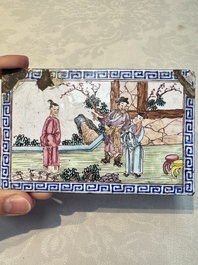 Six Chinese Canton enamel rectangular plaques with landscape, figural, floral and European subject designs, Qianlong