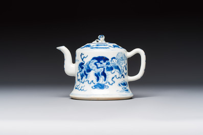 A Chinese blue and white 'Buddhist Lion' teapot, covered bowl and a saucer, various marks, 19th C.