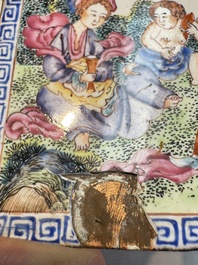 Six Chinese Canton enamel rectangular plaques with landscape, figural, floral and European subject designs, Qianlong