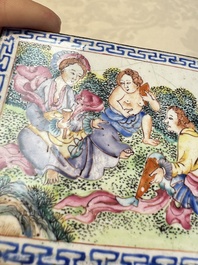 Six Chinese Canton enamel rectangular plaques with landscape, figural, floral and European subject designs, Qianlong