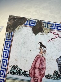 Six Chinese Canton enamel rectangular plaques with landscape, figural, floral and European subject designs, Qianlong