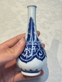 A Chinese blue and white covered vase and two bottle vases, Chenghua and jade marks, Kangxi