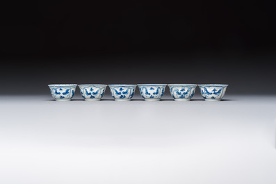Six Chinese blue and white 'Rooster' cups and saucers, Kangxi
