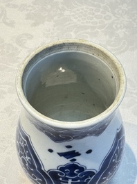 A Chinese blue and white covered vase and two bottle vases, Chenghua and jade marks, Kangxi