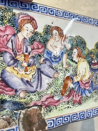 Six Chinese Canton enamel rectangular plaques with landscape, figural, floral and European subject designs, Qianlong