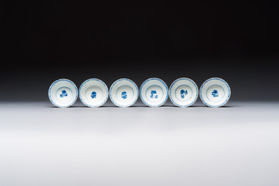 Six Chinese blue and white 'Rooster' cups and saucers, Kangxi