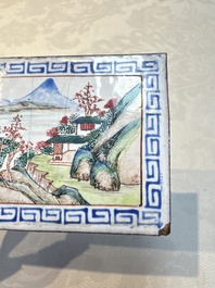 Six Chinese Canton enamel rectangular plaques with landscape, figural, floral and European subject designs, Qianlong