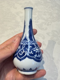A Chinese blue and white covered vase and two bottle vases, Chenghua and jade marks, Kangxi