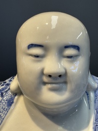 A fine Chinese blue and white Milefo Buddha on a wooden stand, Wei Hongtai Zao 魏洪泰造 mark, Republic