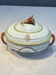 A Chinese famille rose serving dish, a covered tureen and stand with the arms of Peter van Hemert for the Danish market, Qianlong, ca. 1780