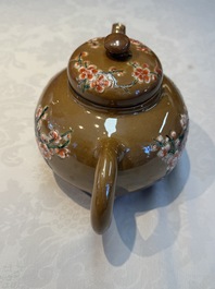 A large Chinese famille verte capucin-ground 'Prunus Blossoms' teapot and cover with relief design, Kangxi