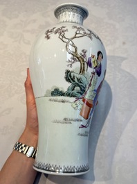 A pair of Chinese famille rose 'Meiping' vases with elegant beauties in a garden, Qianlong mark, 20th C.