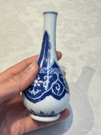 A Chinese blue and white covered vase and two bottle vases, Chenghua and jade marks, Kangxi