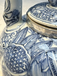 A silver-mounted Chinese blue and white wine pot, Wanli