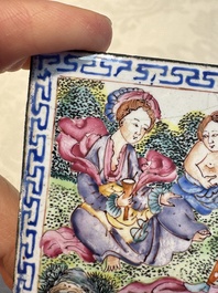 Six Chinese Canton enamel rectangular plaques with landscape, figural, floral and European subject designs, Qianlong