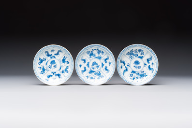 Six Chinese blue and white 'Rooster' cups and saucers, Kangxi