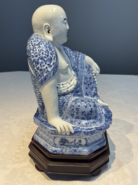A fine Chinese blue and white Milefo Buddha on a wooden stand, Wei Hongtai Zao 魏洪泰造 mark, Republic