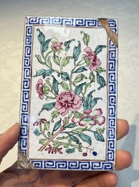 Six Chinese Canton enamel rectangular plaques with landscape, figural, floral and European subject designs, Qianlong
