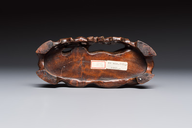 A Chinese carved red coral 'Birds and Flowers' group on a wooden stand, 19/20th C.