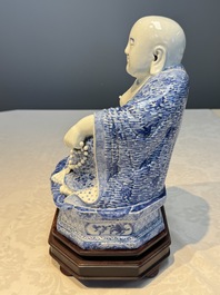 A fine Chinese blue and white Milefo Buddha on a wooden stand, Wei Hongtai Zao 魏洪泰造 mark, Republic