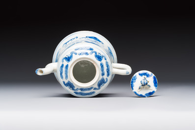 A Chinese blue and white 'Buddhist Lion' teapot, covered bowl and a saucer, various marks, 19th C.