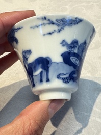 A pair of Chinese blue and white 'Bleu de Hue' cups with zodiac animals, Noi Phu 內府 mark, 19th C.