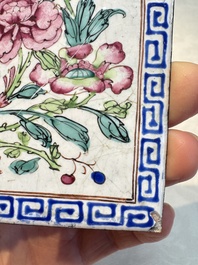 Six Chinese Canton enamel rectangular plaques with landscape, figural, floral and European subject designs, Qianlong