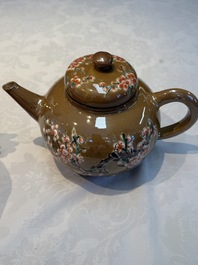 A large Chinese famille verte capucin-ground 'Prunus Blossoms' teapot and cover with relief design, Kangxi