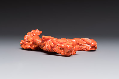 A Chinese carved red coral 'Birds and Flowers' group on a wooden stand, 19/20th C.