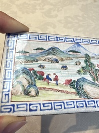 Six Chinese Canton enamel rectangular plaques with landscape, figural, floral and European subject designs, Qianlong