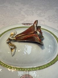 A Chinese famille rose serving dish, a covered tureen and stand with the arms of Peter van Hemert for the Danish market, Qianlong, ca. 1780