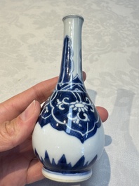 A Chinese blue and white covered vase and two bottle vases, Chenghua and jade marks, Kangxi