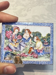 Six Chinese Canton enamel rectangular plaques with landscape, figural, floral and European subject designs, Qianlong